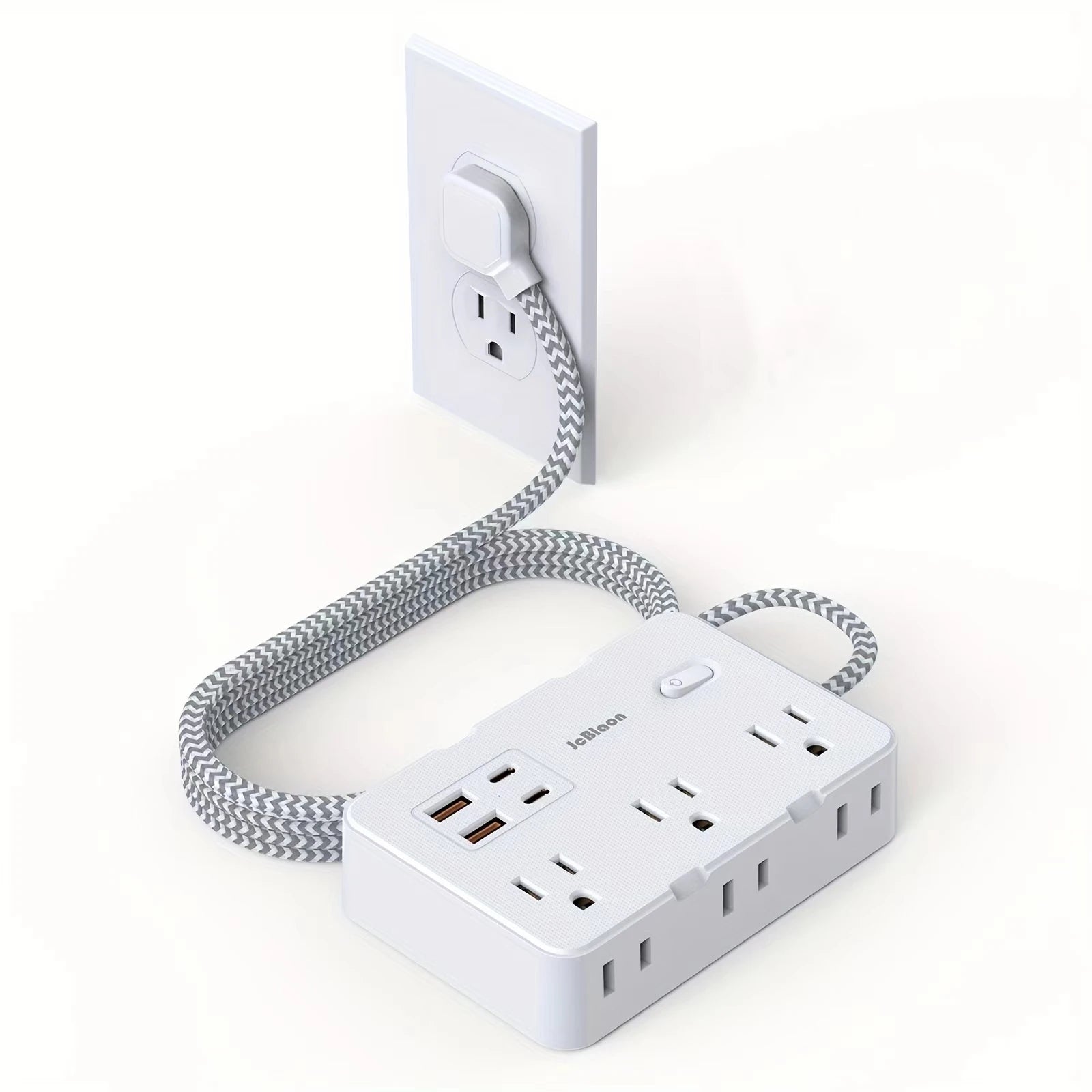 Power strip with multiple outlets and USB ports on a white background