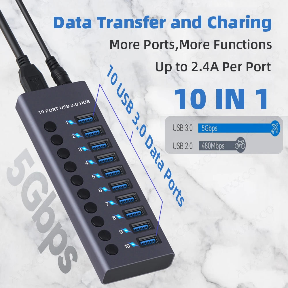 4-AIXXCO 10 Ports USB3.0 Splitter Computer Extender USB HUB 2.4A Fast Charging PD Port External 12V Power Supply
