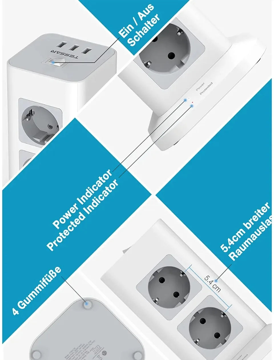 1-TESSAN Tower Power Strip Multi Outlets with USB A +1 Type C 2M Extension Cable EU Plug Vertical Electric Socket Surge Protection