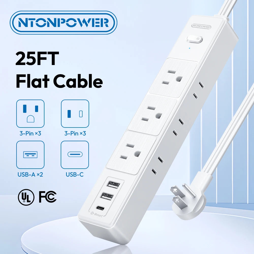 6 AC Outlet Power Strip with 3 USB Ports (1 USB-C) & 25FT Extension Power Cord Surge Protector & Network Filter US Plug