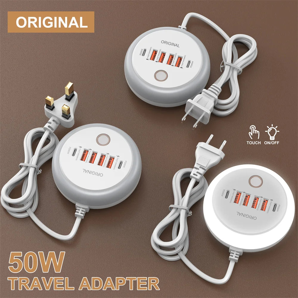1-PD 50W Charger USB Type C 6 Ports QC3.0 Mobile Phone Wall Adapter With Touch LED Light For iPhone Samsung Xiaomi Travel Charger