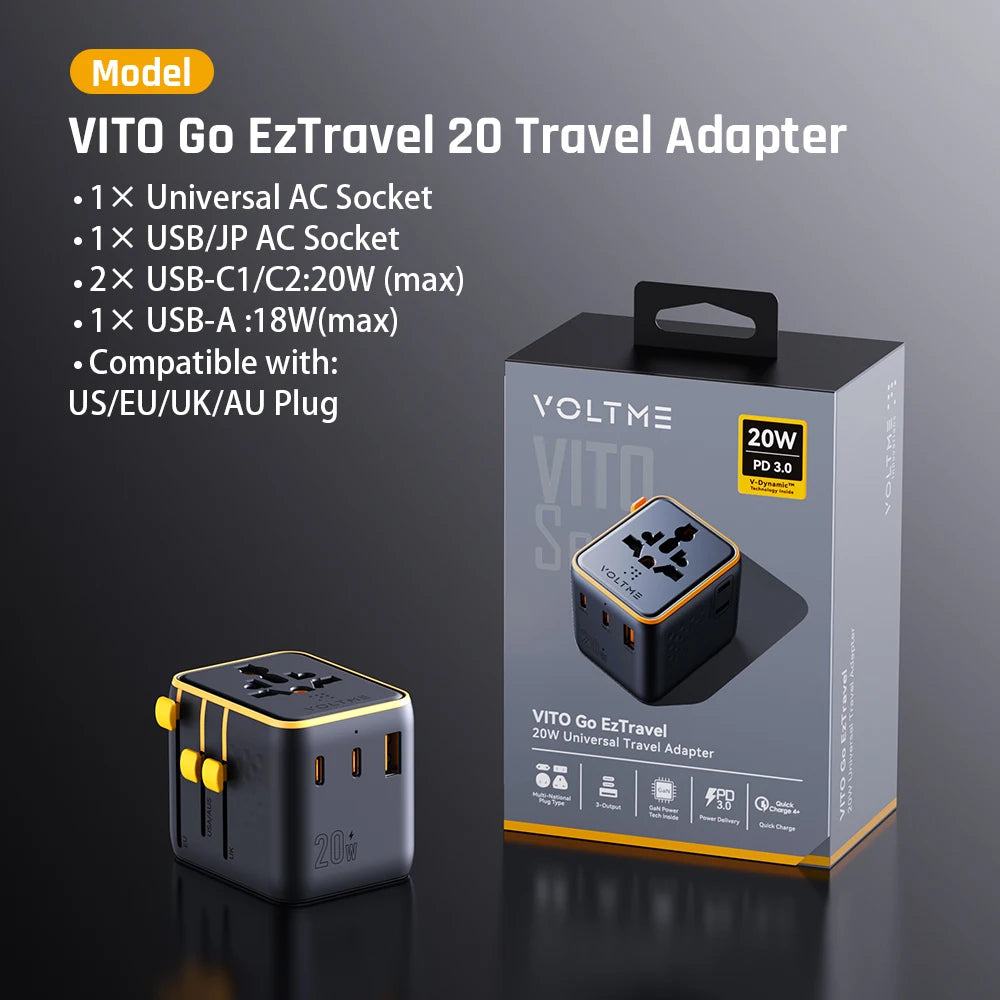 4-VOLTME 20W Travel Adapter Worldwide Power Adapter EU/UK/US/AUS Plug Travel Charging with Built in USB C for iPhone Samsung