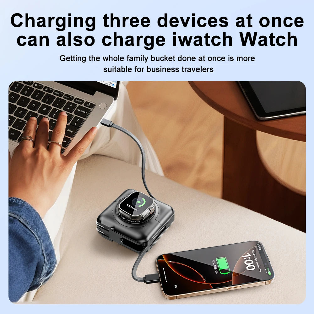 15000mAh Magnetic Wireless Apple Watch Power Bank Type-C 45W Fast Charging With Dual Cables AC Plug for iPhone Android Airpods