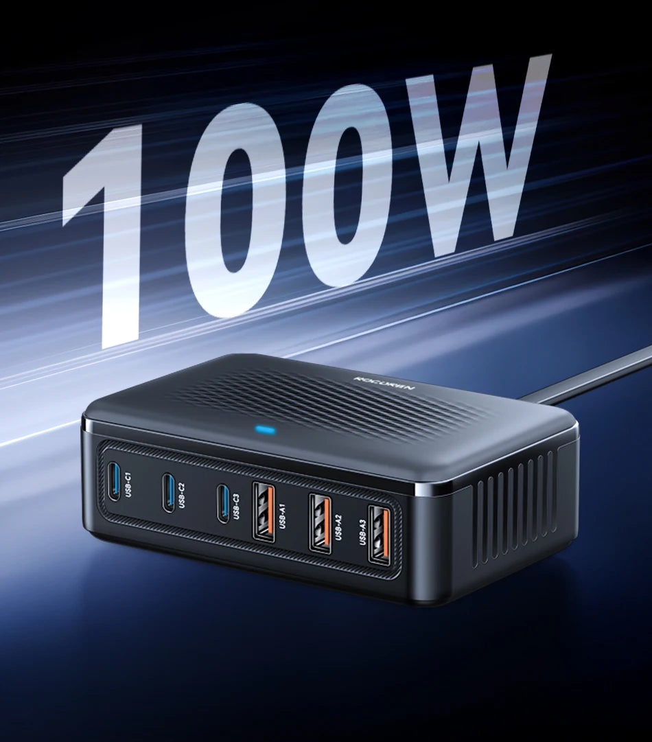 Rocoren USB Charger 100W GaN Charger 6-ports Desktop Fast Charging Type C Charger Portable Power Station For iPhone Xiaomi POCO