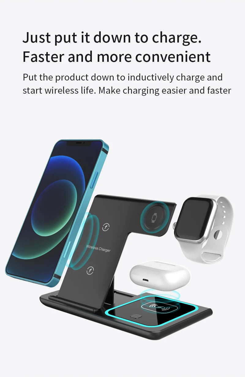 3 in 1 Wireless Charging Station Travel Charging Pad for iPhone 12~15 iWatch and Airpods  15W  Fast Charger Foldable
