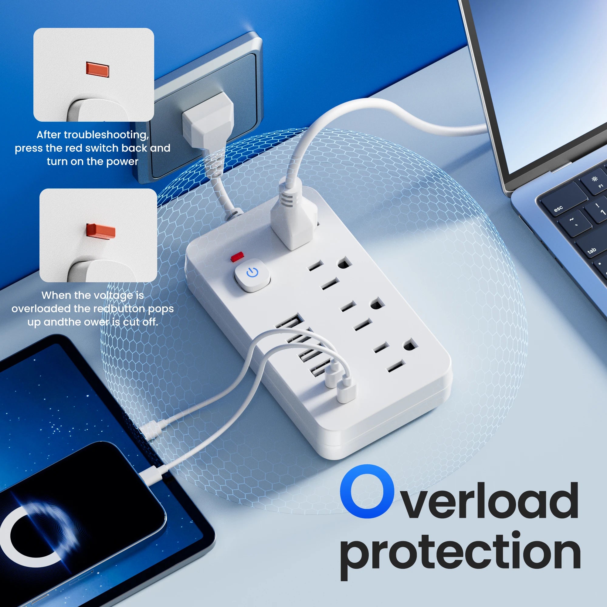 1-QKP Power Strip – 4 AC Outlets + 6 USB Ports (2 Type-C) with Surge Protection & Control Switches – Compact Corded Design