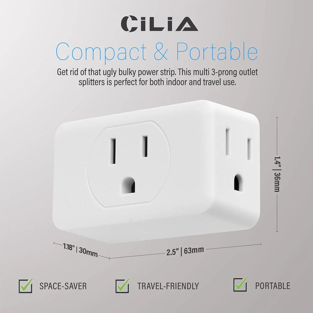 1-CILIA 3-Outlet US Plug Extender – Compact Wall Adapter for Travel, Home & Office