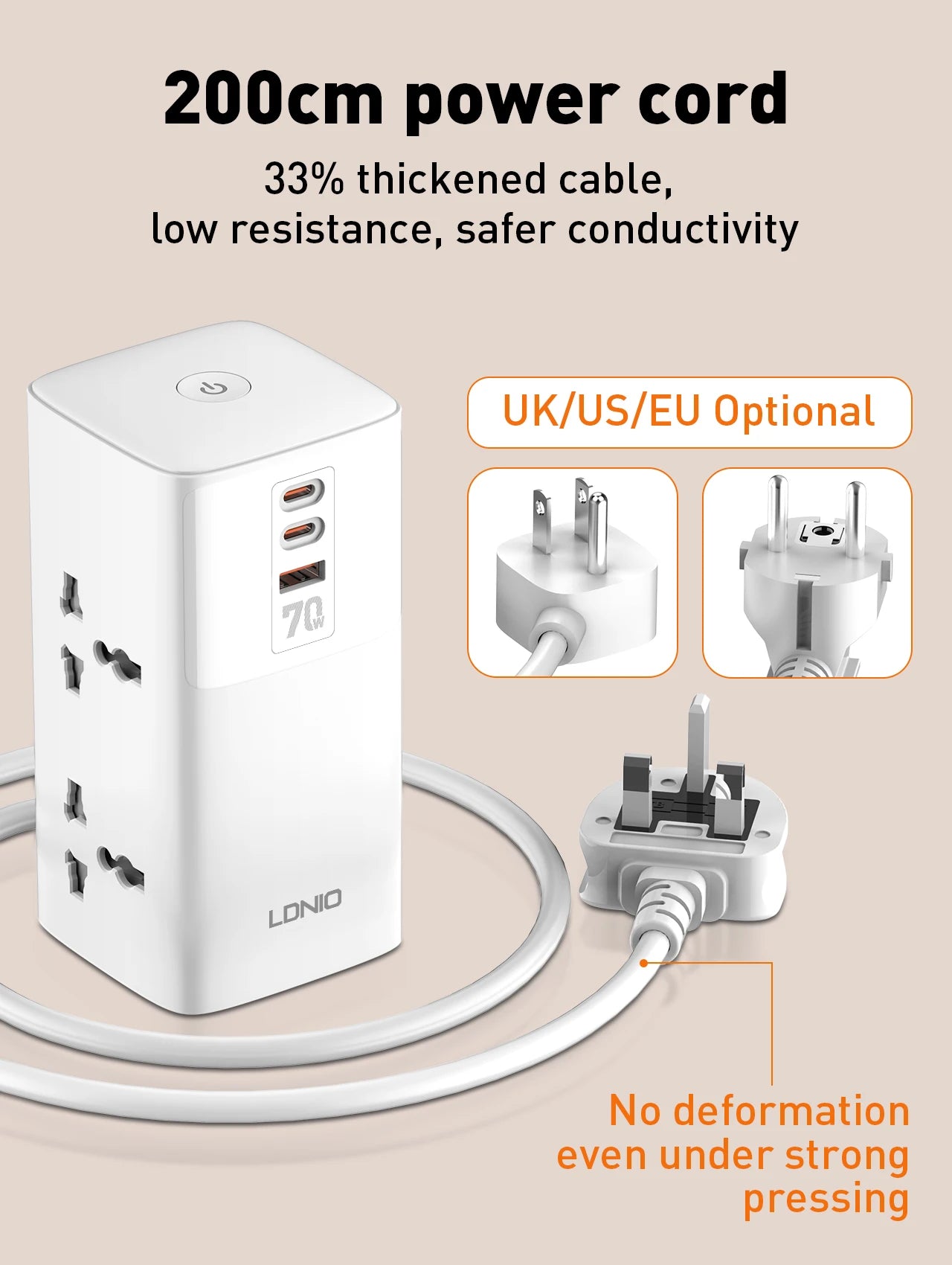 1-Tower 4 Way Outlets Socket 70W USB Multi Power Strip Vertical 2m Extension Power Cord UK EU US AU Plug with Overload Protector