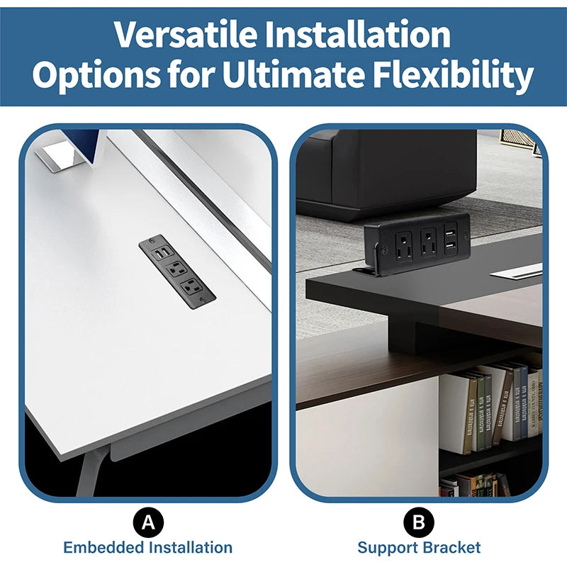 Two installation options for power outlets on a desk with text 'Versatile Installation Options for Ultimate Flexibility'.