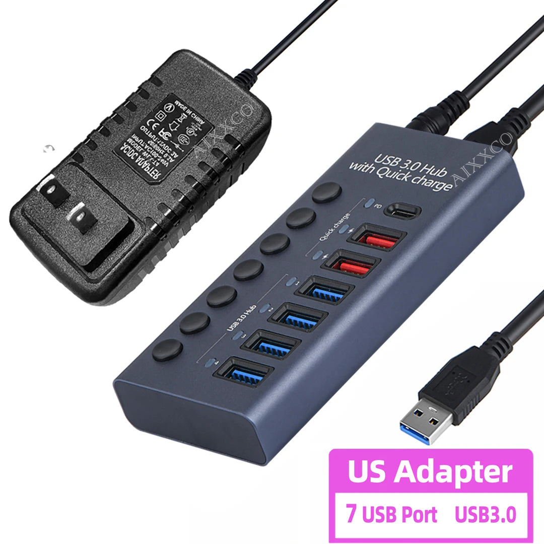 4-AIXXCO 10 Ports USB3.0 Splitter Computer Extender USB HUB 2.4A Fast Charging PD Port External 12V Power Supply