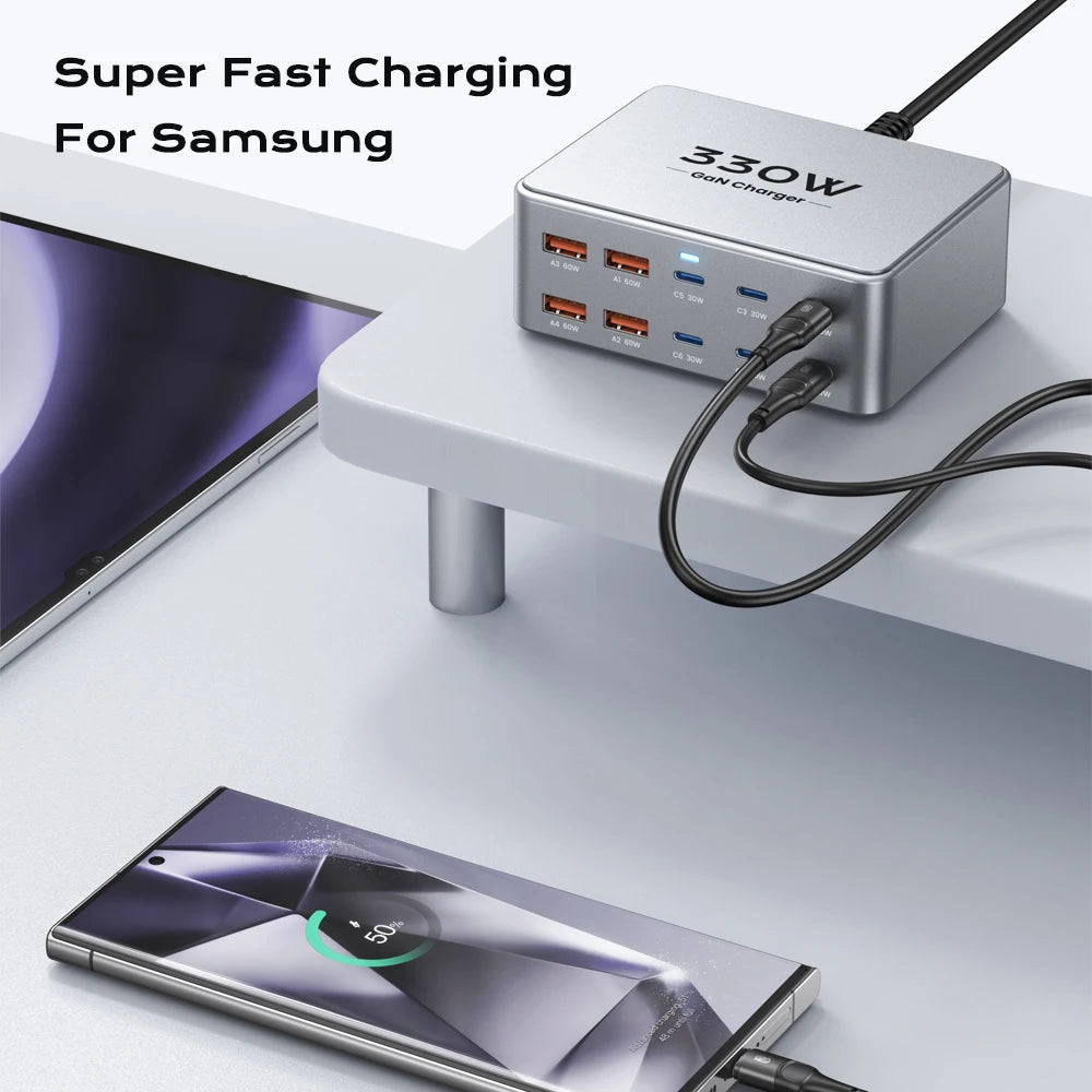 1-330W USB C GaN Charger 100W PD3.0 PPS QC3.0 Multiport Fast Charging Station For Laptop iPhone 15 16 Samsung Macbook Pro Tablet
