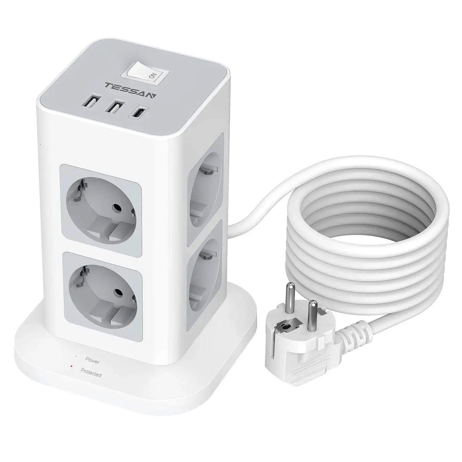 1-TESSAN Tower Power Strip Multi Outlets with 2 USB +1 Type C 2M Extension Cable EU Plug Vertical Electric Socket Surge Protection