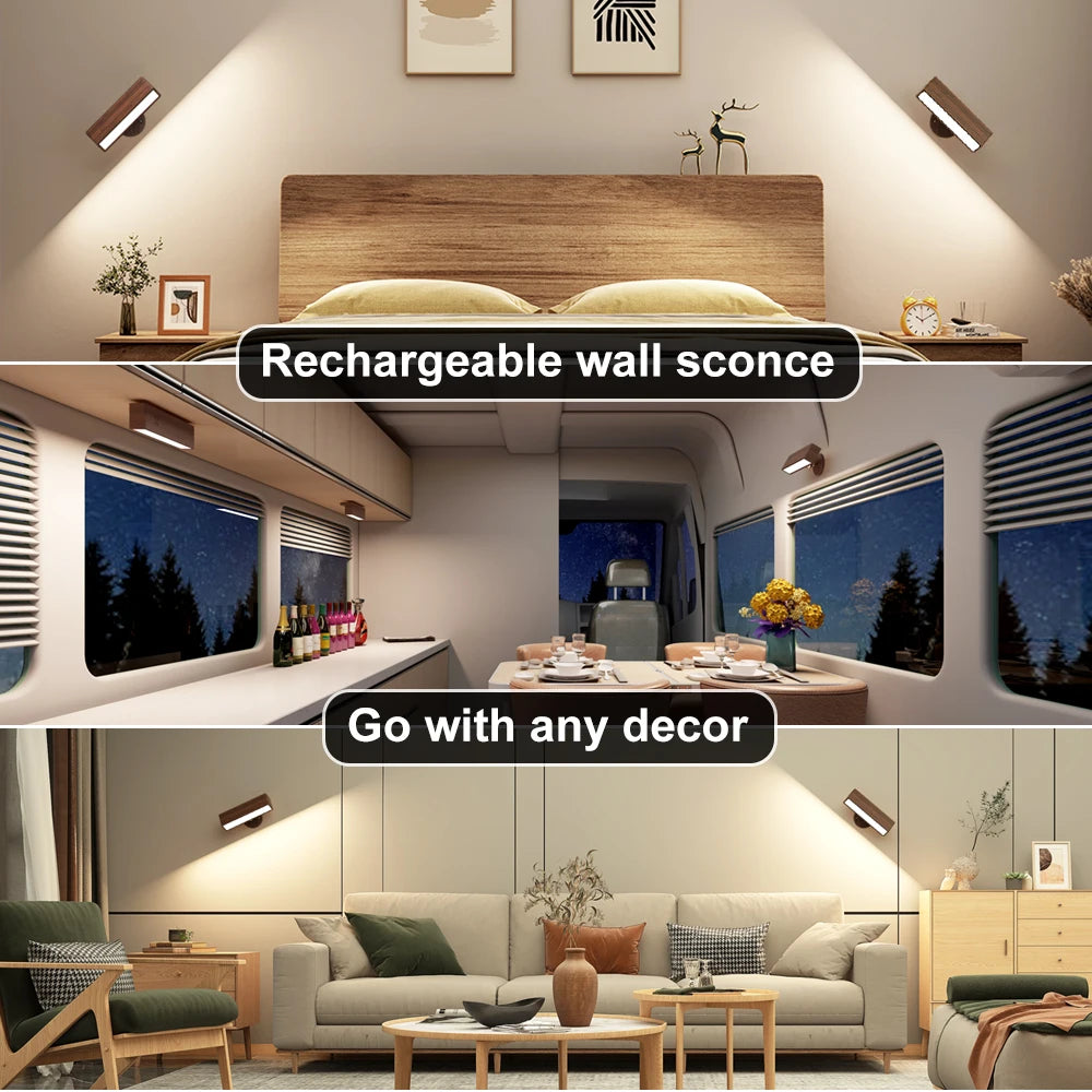 Nordic Wood Wall Lamp With 360 Rotate Dimmable Wall Sconce Touchable Magnetic For Bedroom Cordless Wall Mount Light For Reading