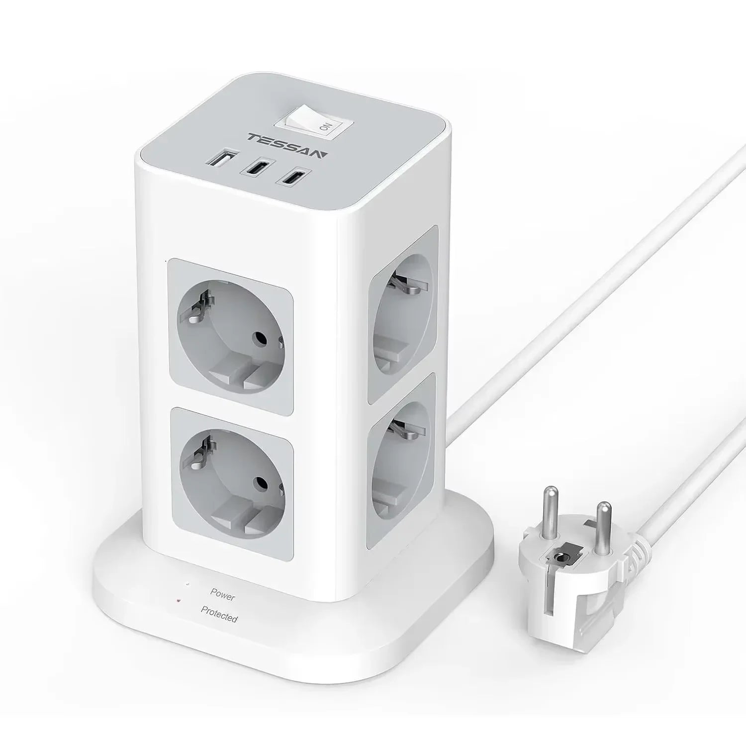 1-TESSAN Tower Power Strip Multi Outlets with USB A +1 Type C 2M Extension Cable EU Plug Vertical Electric Socket Surge Protection