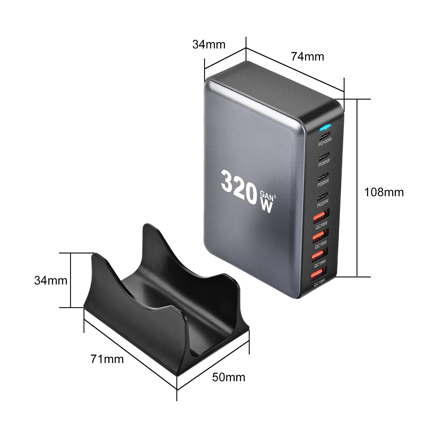 1-320W GaN Charger USB C Fast Desktop 8-port USB Type C PD Charger Fast Charge 3.0 USB Type C Fast Charger for iPhone15 14 Samsung
