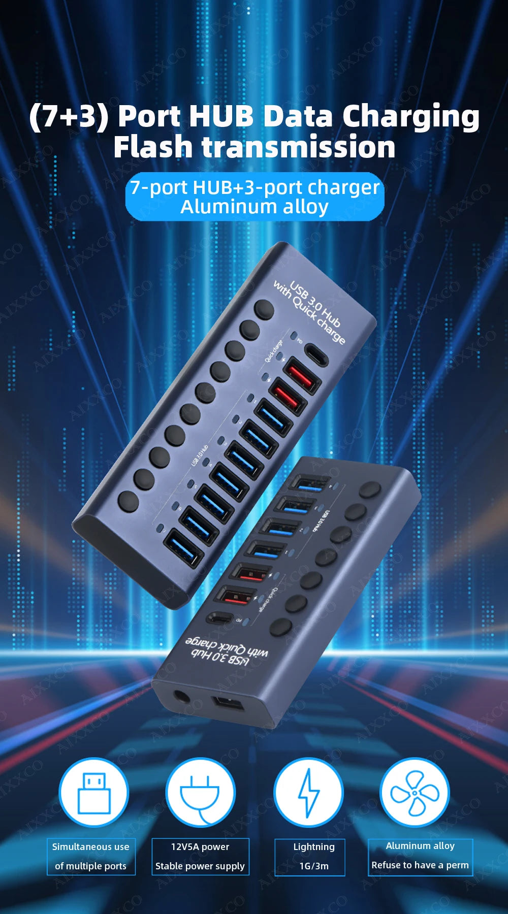 4-AIXXCO 10 Ports USB3.0 Splitter Computer Extender USB HUB 2.4A Fast Charging PD Port External 12V Power Supply