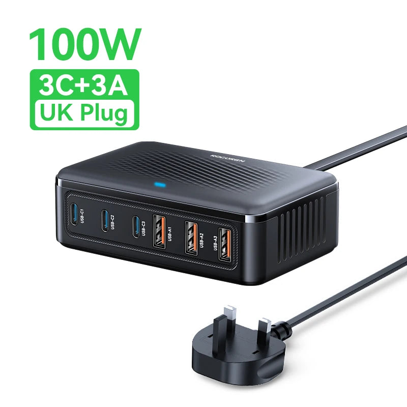 Rocoren USB Charger 100W GaN Charger 6-ports Desktop Fast Charging Type C Charger Portable Power Station For iPhone Xiaomi POCO