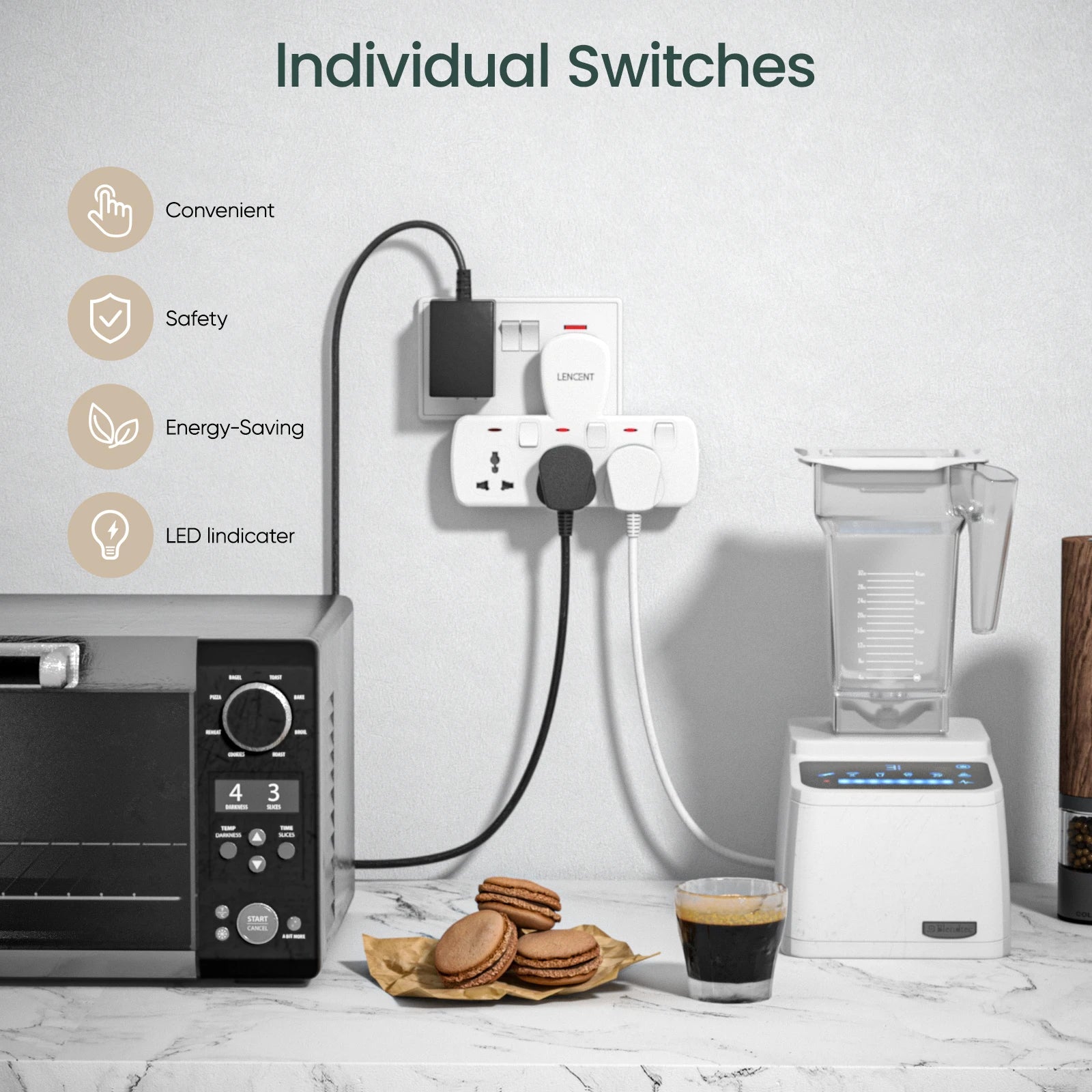 LENCENT multi plug extension socket with  universal AC outlets and individual
switches, white