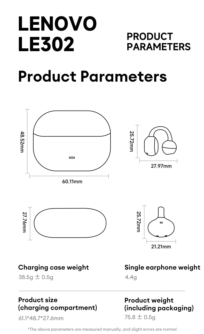 Original Lenovo LE302 Wireless Headphones Ear Clip Bluetooth 6.0 Earphones HIFI Stereo Music Call Game Noise Cancelling Earbuds