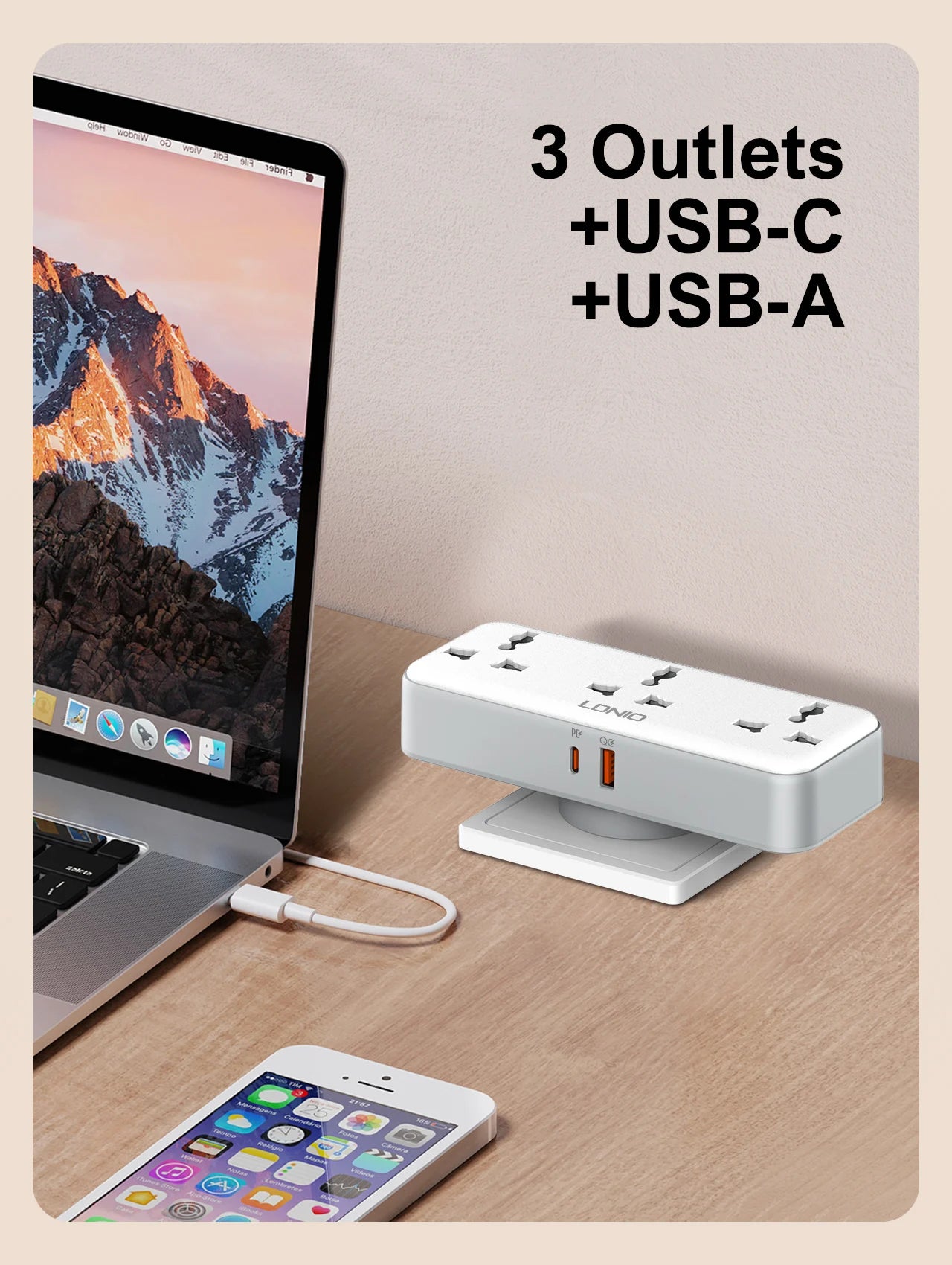 US UK EU Plug Outlet 3 Sockets Multitap Wall Power Strip Electrical Socket USB A  USB C Port No Extension Cord  Rotatable Plug