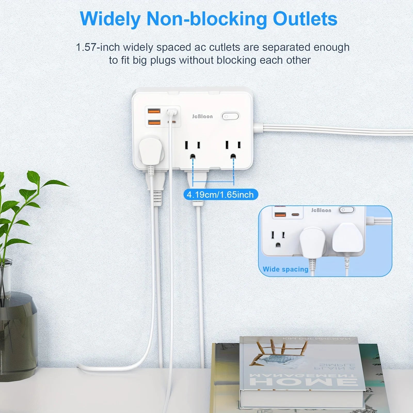1-Surge Protector with 6 Widely Outlets Extender 4 USB Ports, 5ft Power Strip Ultra Thin Flat Plug, Power Adapter for Home Office
