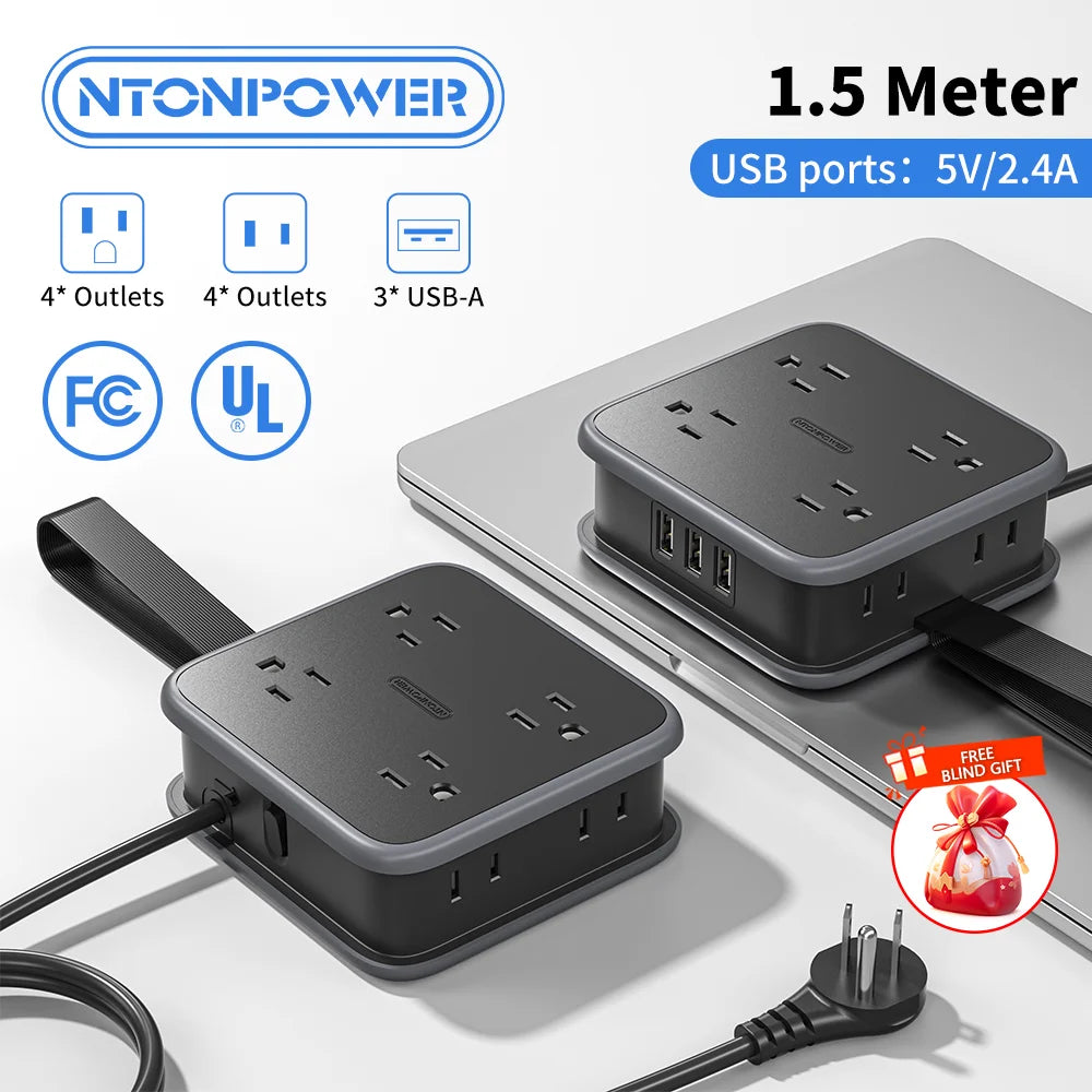 1-8 Outlet Power Strip with 3USB-A Ports 1.5m Extension Power Cord Universal Travel Adapter Network Filter Extension Cable US Plug