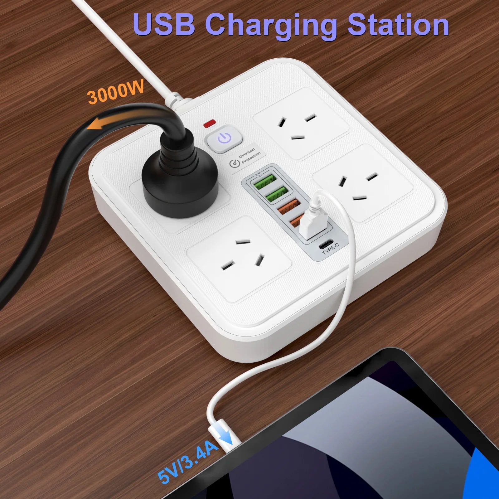 AU Plug Power Board:  AC Outlets,  USB-A,  USB-C, Overload Protection
