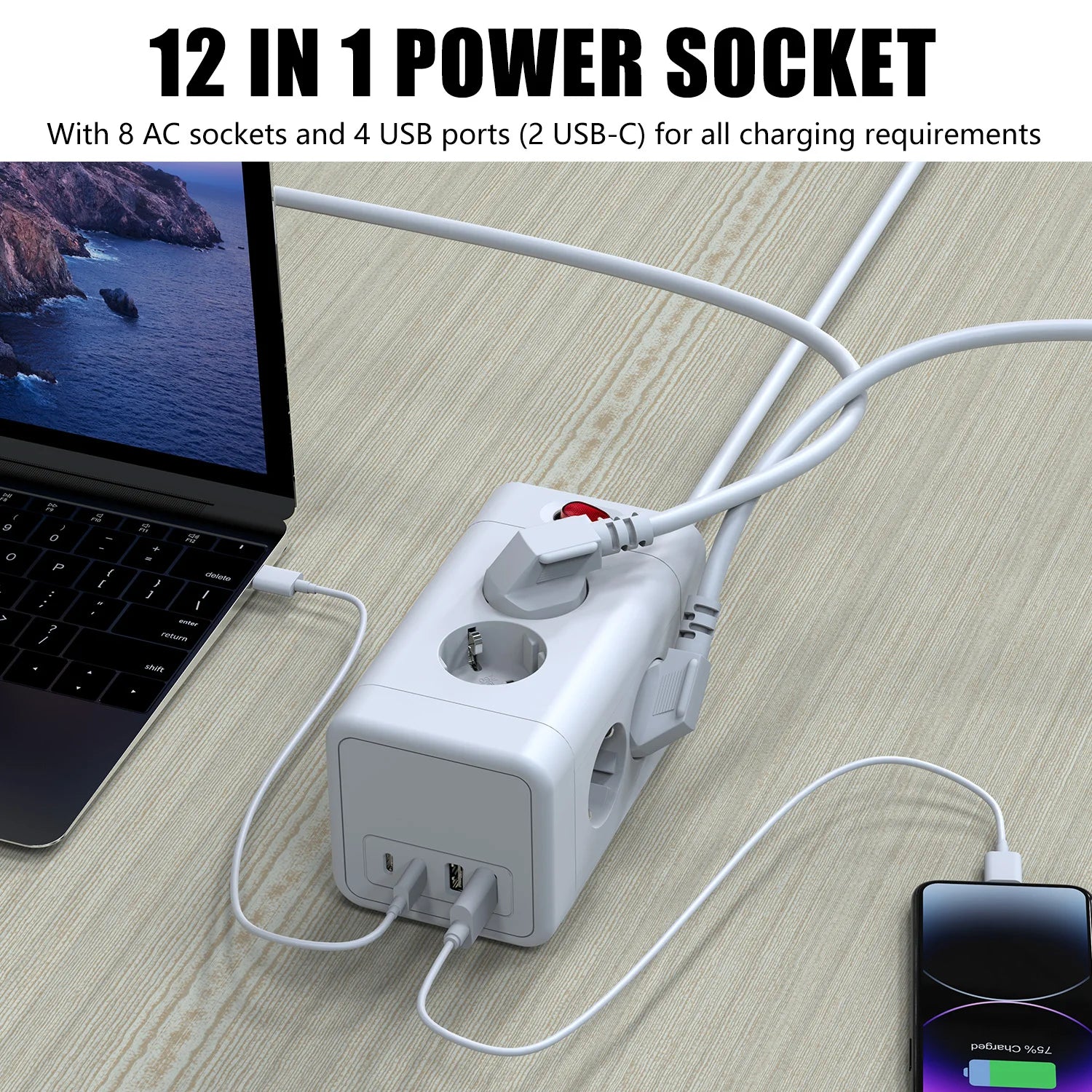 3680W Tower Power Strip with USB fast charging, EU plug 8 AC Multi Outlet Surge Protection 2m Extension Cable for home