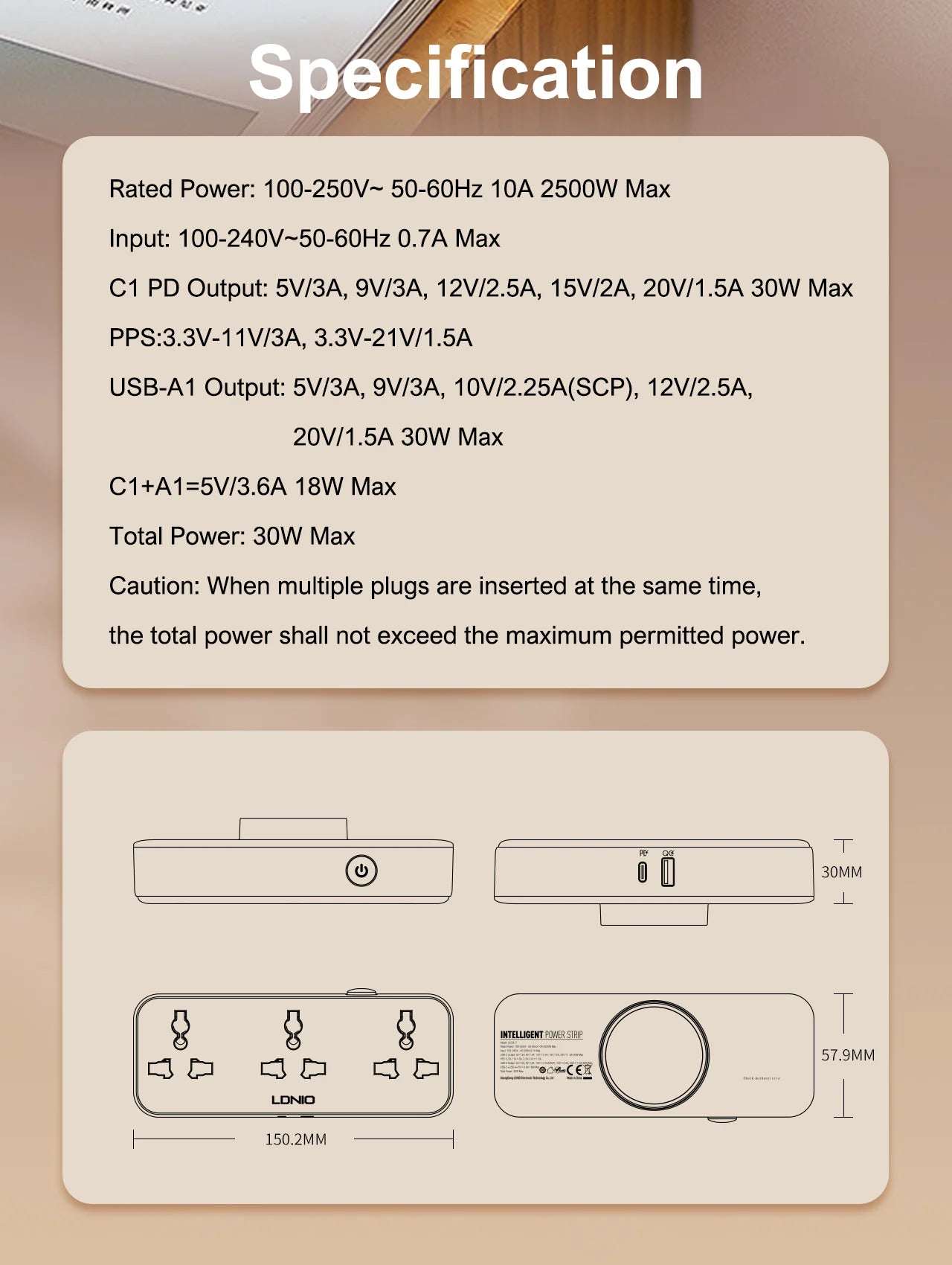 LDNIO Universal -Socket Rotatable Wall Power Strip with USB-A & USB-C