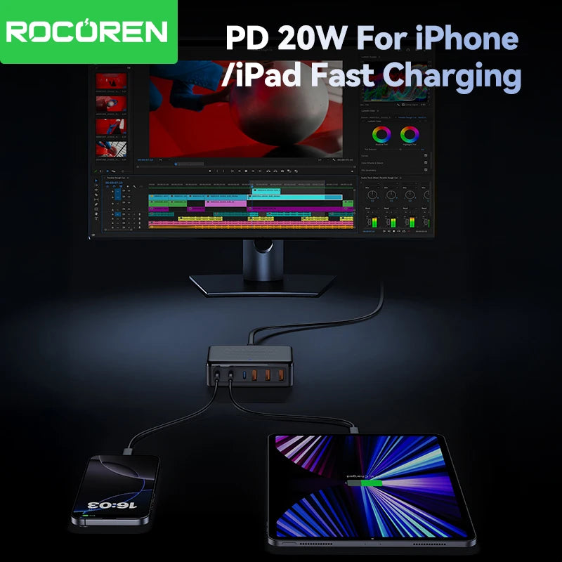 Rocoren USB Charger 100W GaN Charger 6-ports Desktop Fast Charging Type C Charger Portable Power Station For iPhone Xiaomi POCO