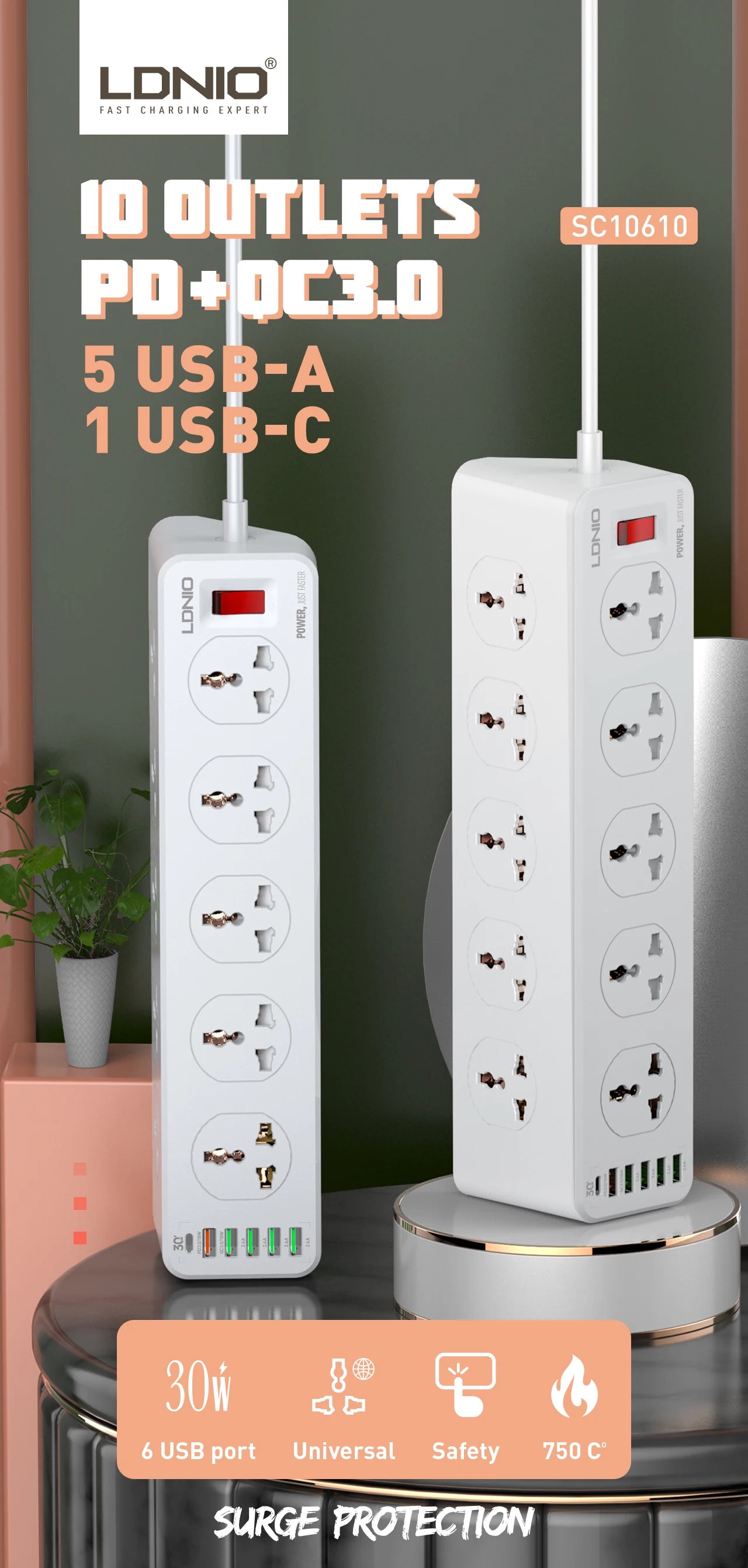 1-LDNIO Multi 10 Outlet Plugs Power Strip Universal Usb Extension Cable Network Filter Surge Protector Socket Charger Adapter