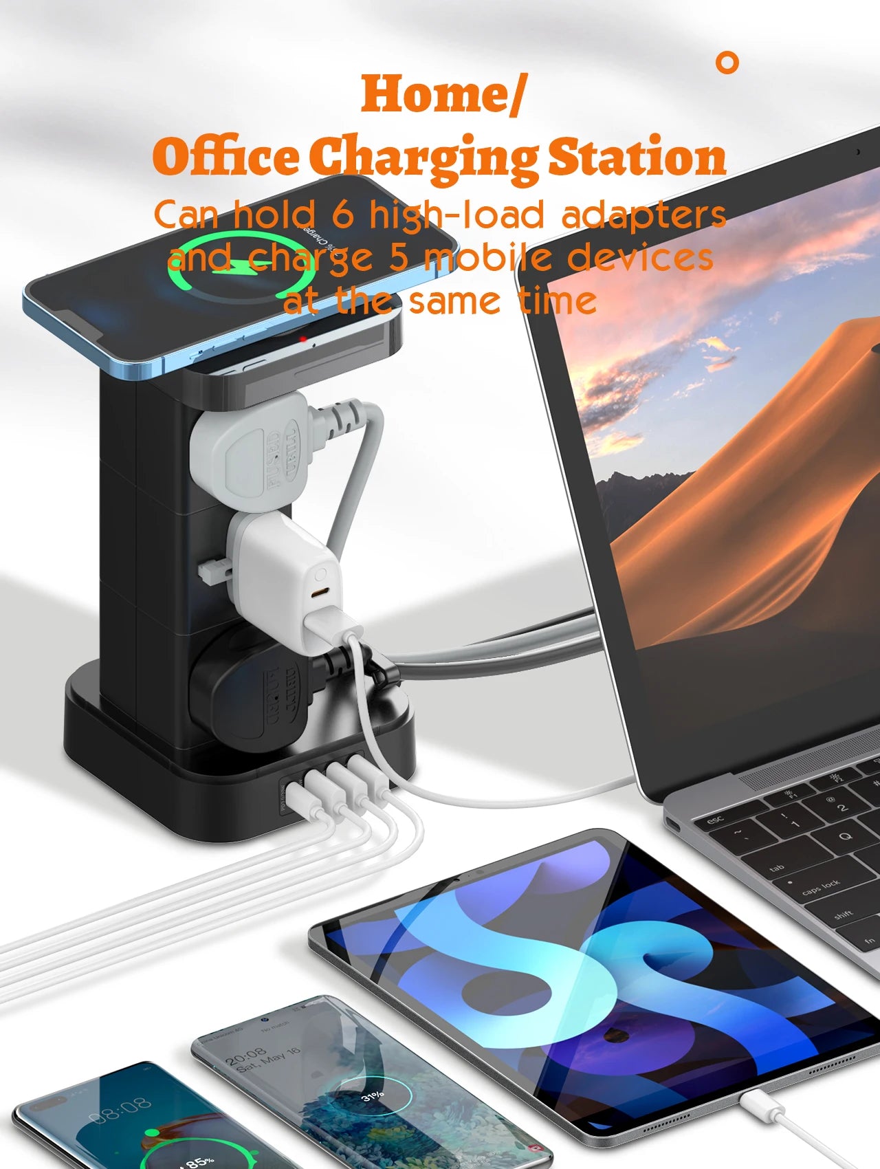 1-LDNIO Tower Power Strip with 6 Outlets +4 USB Ports + WIRELESS CHARGER 2M Power Cord, UK Plug Vertical Electric Socket for Home