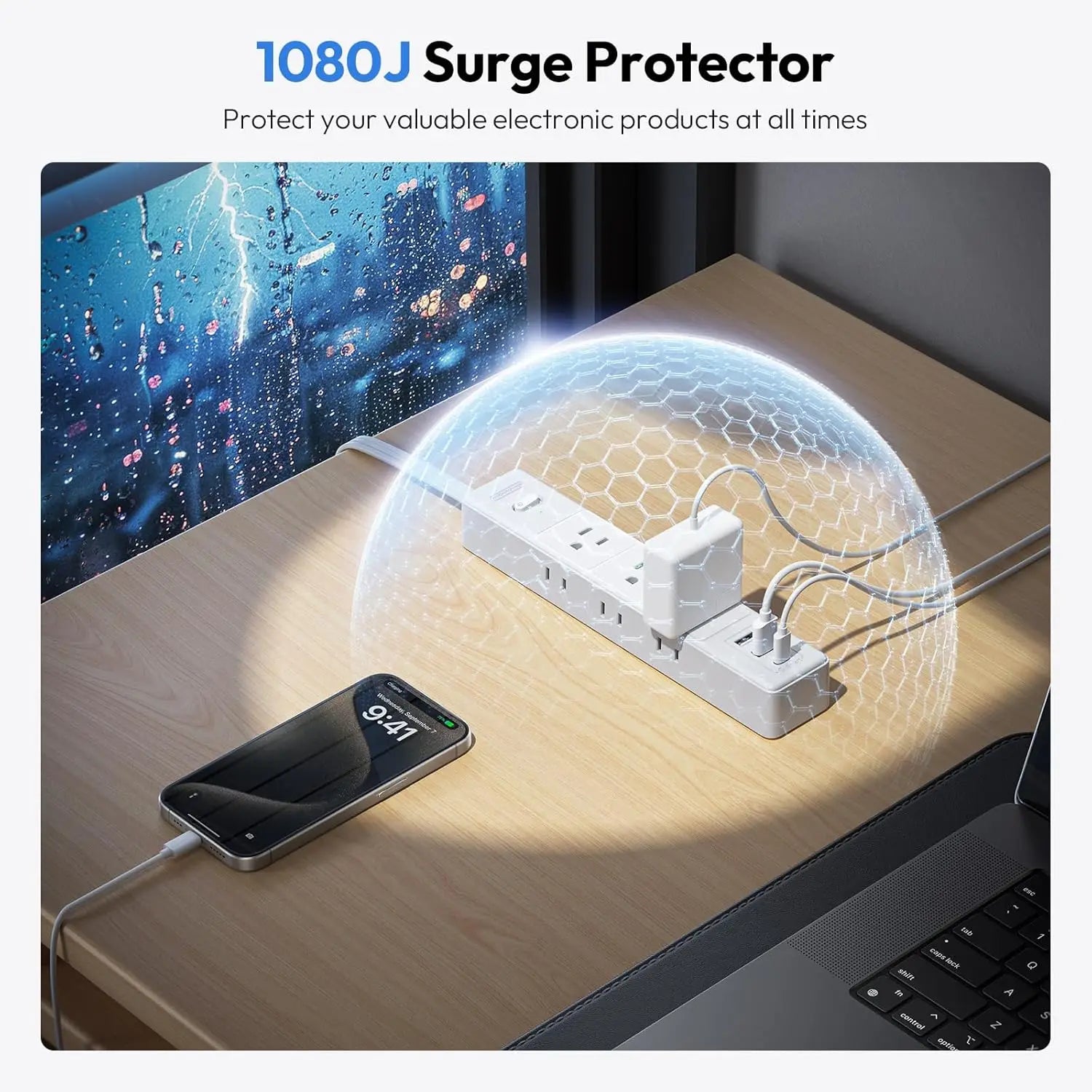 6 AC Outlet Power Strip with 3 USB Ports (1 USB-C) & 25FT Extension Power Cord Surge Protector & Network Filter US Plug