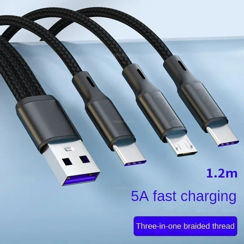 3 in 1 USB Charge Cable 3 Type-C 3 Micro USB Spliter Cord Fast Charging 5A For Mobile Phone Power Bank Charging Together 1.2m