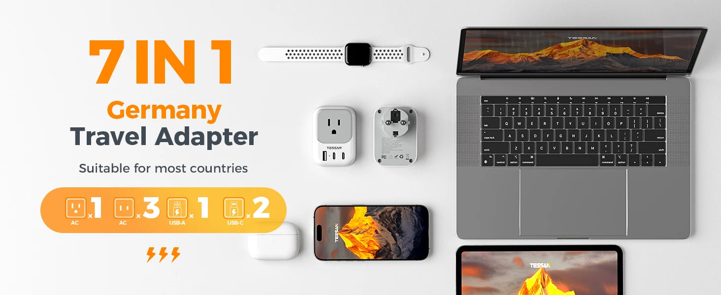 TESSAN US To EU Travel Adapter with 4 AC Outlets 3 USB Ports 7 in 1 Type E/F Plug Adaptor for Spain French Russia Wall Socket