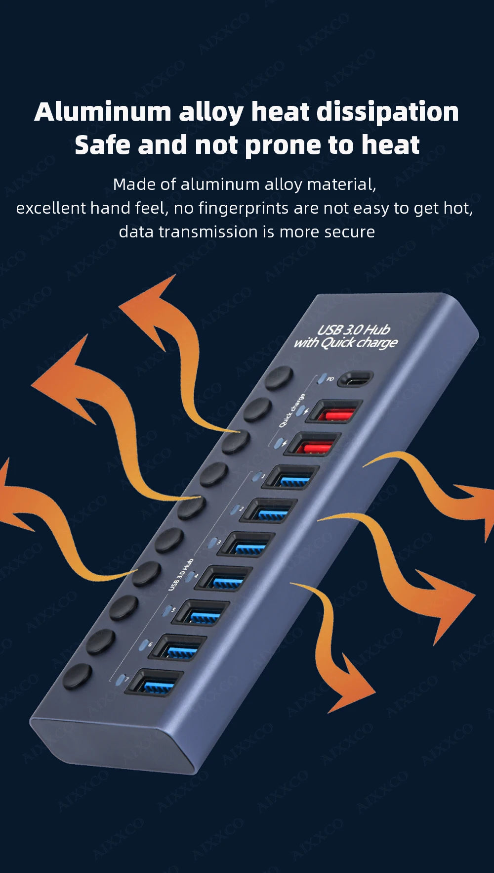 4-AIXXCO 10 Ports USB3.0 Splitter Computer Extender USB HUB 2.4A Fast Charging PD Port External 12V Power Supply