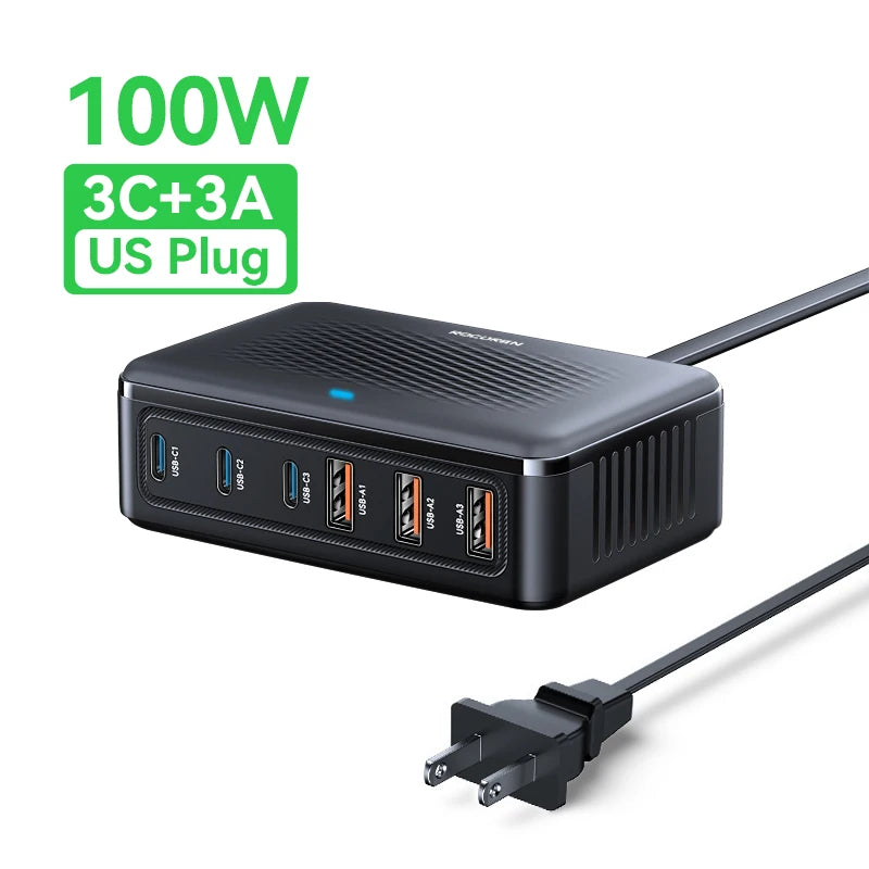 Rocoren USB Charger 100W GaN Charger 6-ports Desktop Fast Charging Type C Charger Portable Power Station For iPhone Xiaomi POCO