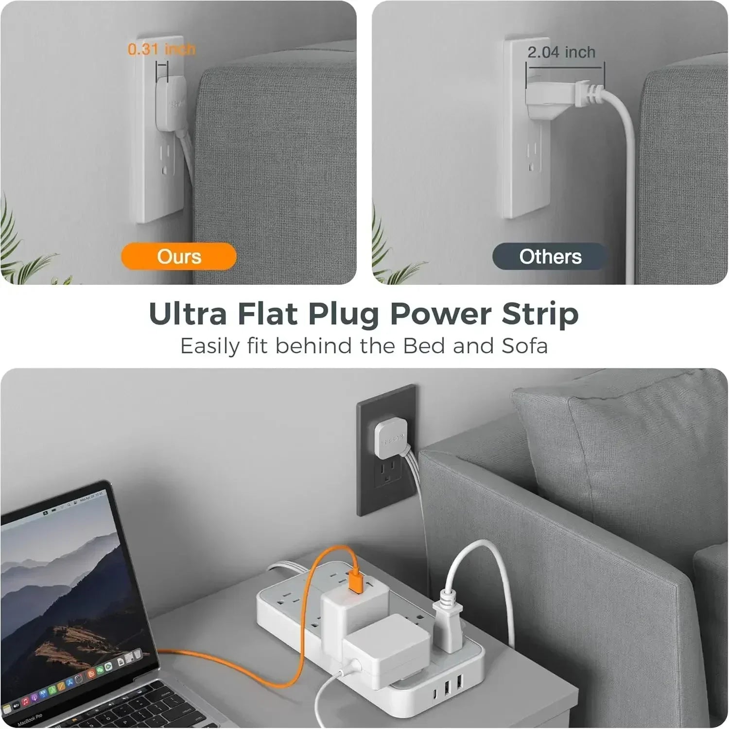 1-TESSAN Electrical Extension Flat Plug Type C Multi-Plug Strap Multi-Plug Connector with 8 AC Outlets and 3 USB Ports (1 Type C)