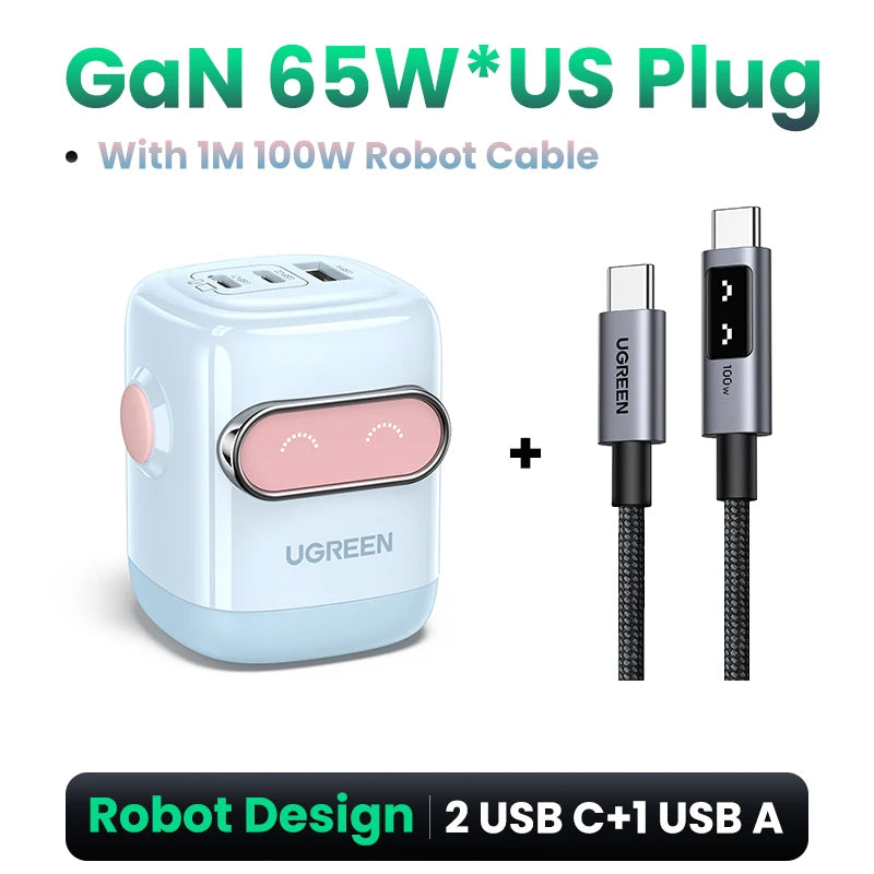 【US Plug】UGREEN 65W 30W GaN Charger Robot Design QC4.0 3.0 PPS for iPhone 16 15 14 Pro Macbook Laptops Tablet PD3.0 Fast Charger
