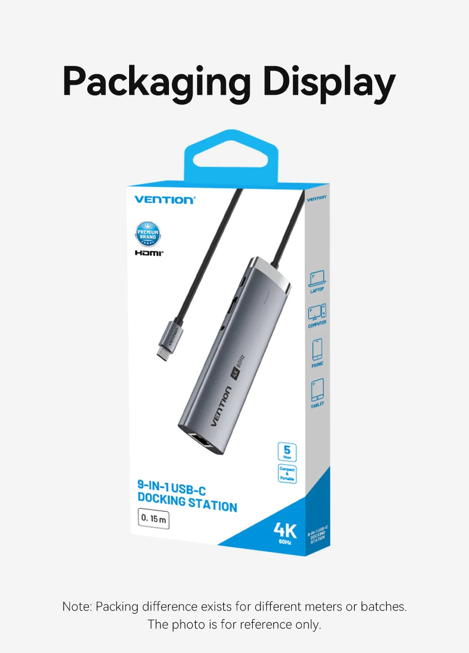 Vention 4K60Hz USB C HUB HDMI Adapter Type C to RJ45 Ethernet USB3.0 PD100W SD&TF for Laptop MacBook Pro Docking Station USB HUB