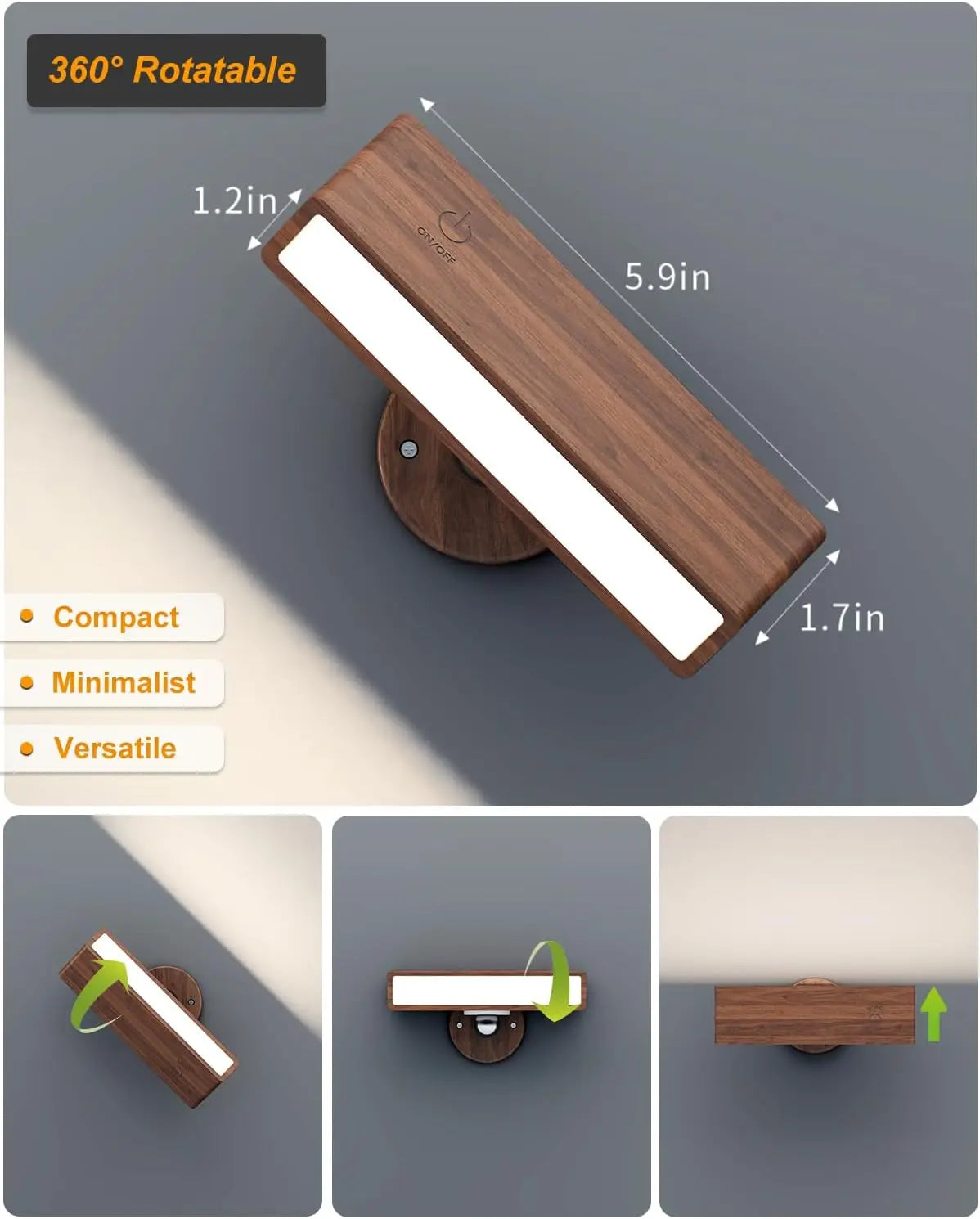 Nordic Wood Wall Lamp With 360 Rotate Dimmable Wall Sconce Touchable Magnetic For Bedroom Cordless Wall Mount Light For Reading