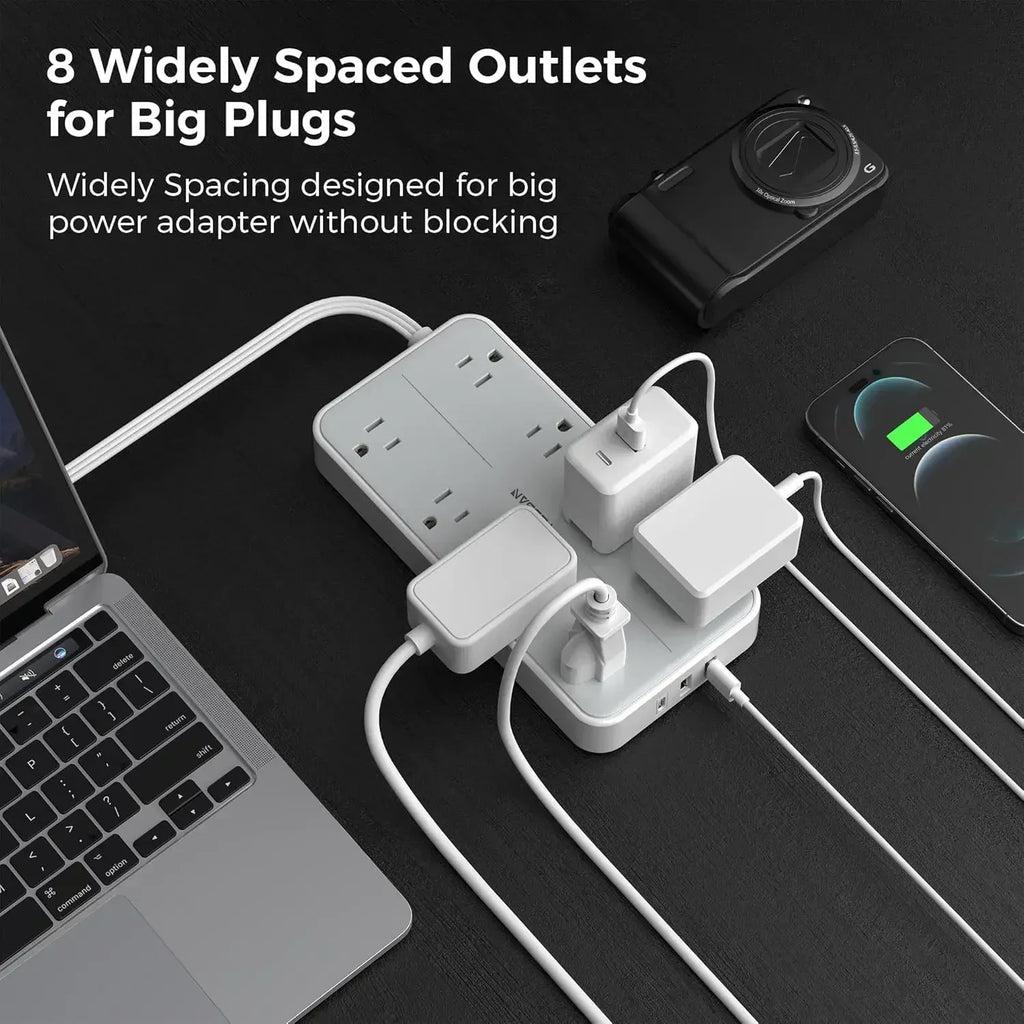 1-TESSAN Electrical Extension Flat Plug Type C Multi-Plug Strap Multi-Plug Connector with 8 AC Outlets and 3 USB Ports (1 Type C)