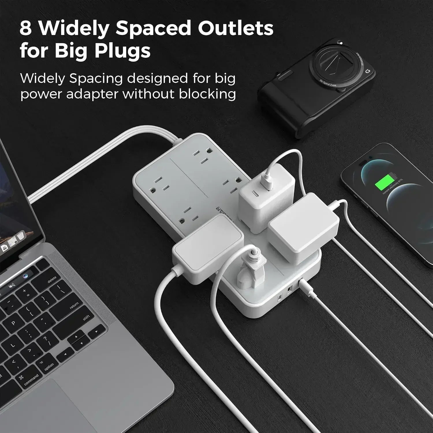 1-TESSAN Electrical Extension Flat Plug Type C Multi-Plug Strap Multi-Plug Connector with 8 AC Outlets and 3 USB Ports (1 Type C)