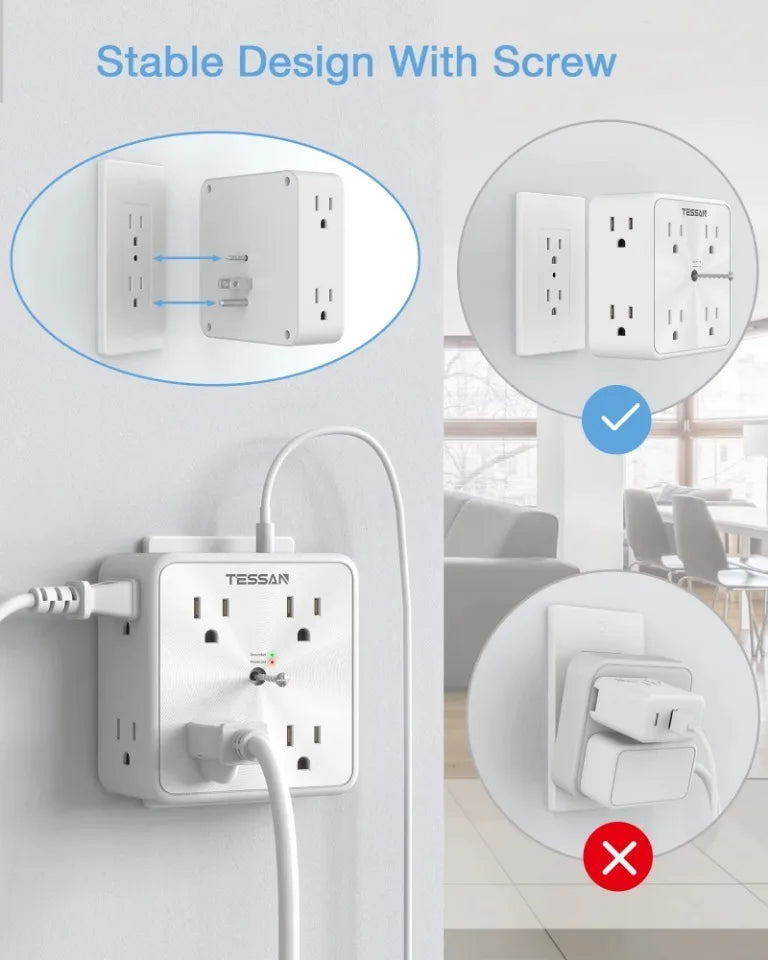 1-TESSAN Surge Protector Wall Strip with 8 AC Outlets 2 USB A and 1 USB C Surge Protector Multi Outlet Extender for Home Office