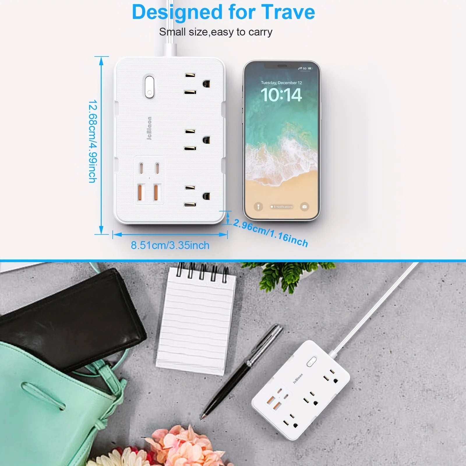 1-Surge Protector with 6 Widely Outlets Extender 4 USB Ports, 5ft Power Strip Ultra Thin Flat Plug, Power Adapter for Home Office