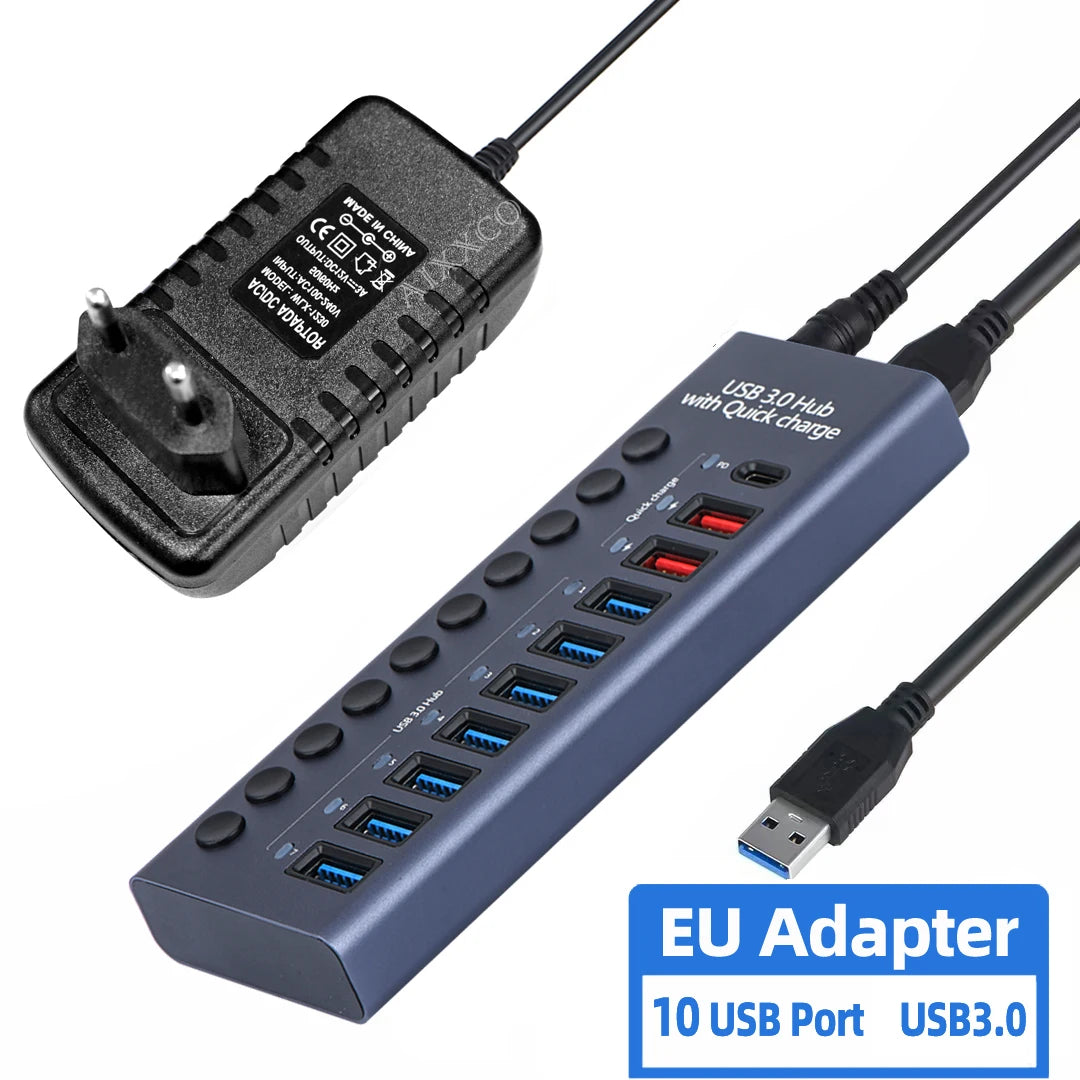 4-AIXXCO 10 Ports USB3.0 Splitter Computer Extender USB HUB 2.4A Fast Charging PD Port External 12V Power Supply