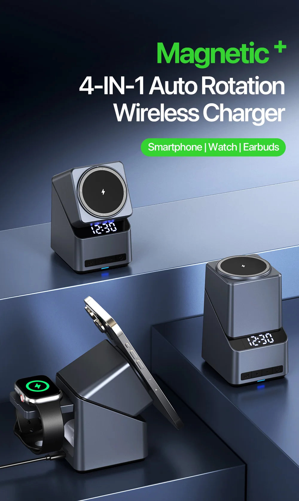 Magnetic 4 in 1 Auto Rotation Wireless Charger with Clock for Iphone 12-16 Series(15W), Apple Watch(2.5W) and Airpods (5W)