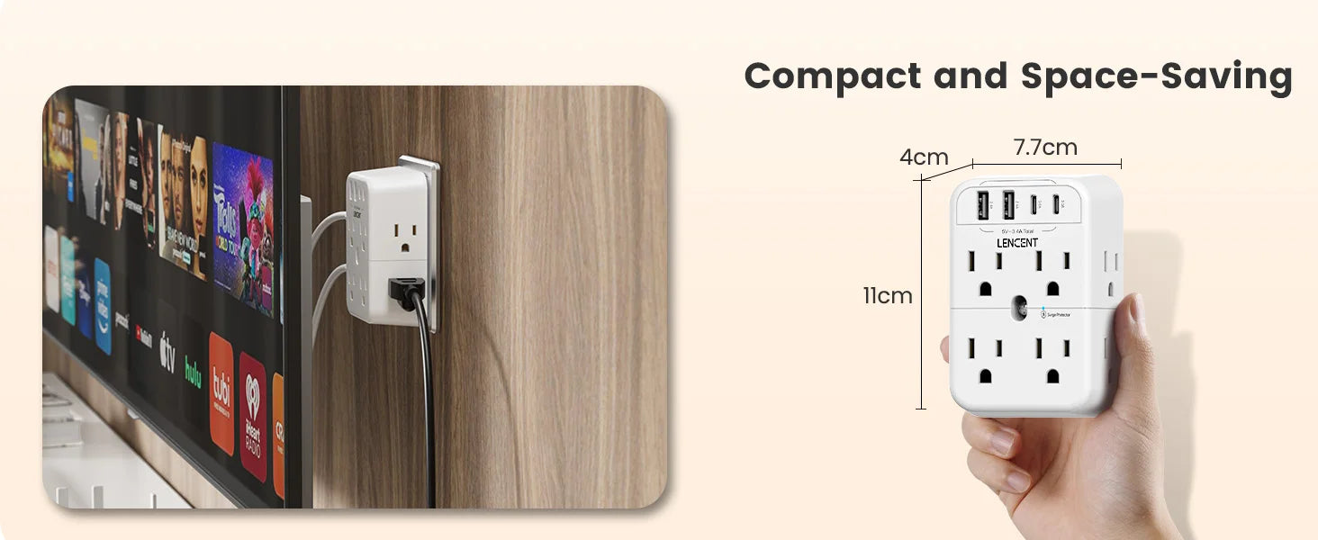 Compact power strip with multiple outlets on a wooden surface, held by a hand for scale.