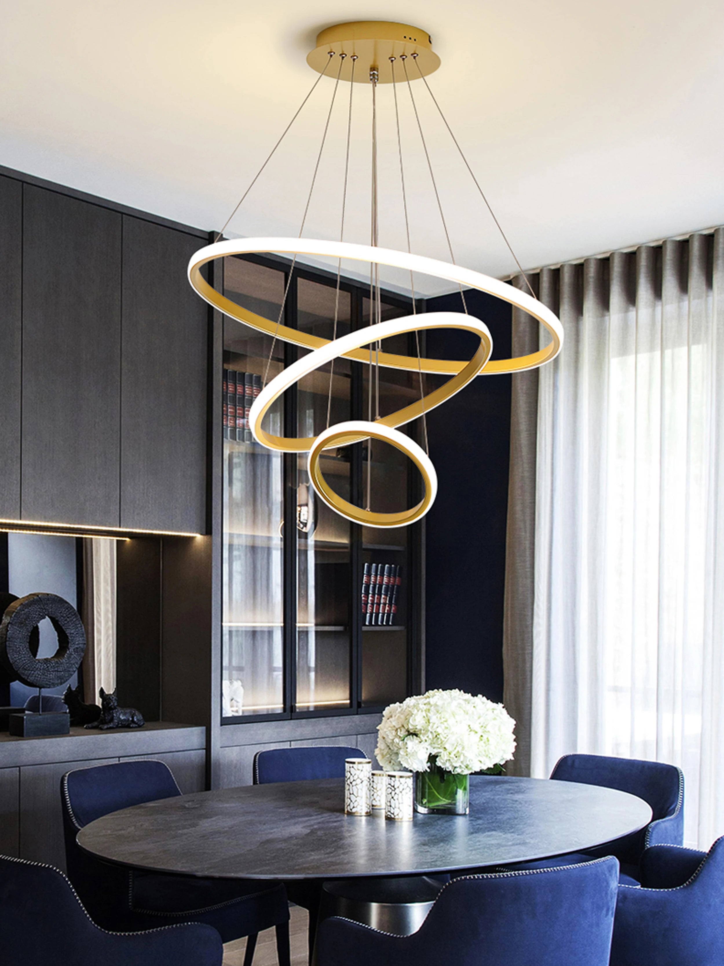 Modern Pendant Lamp Led Rings Circle Ceiling Hanging Chandelier Black Loft Living Dining Room Kitchen Indoor Lighting Fixture