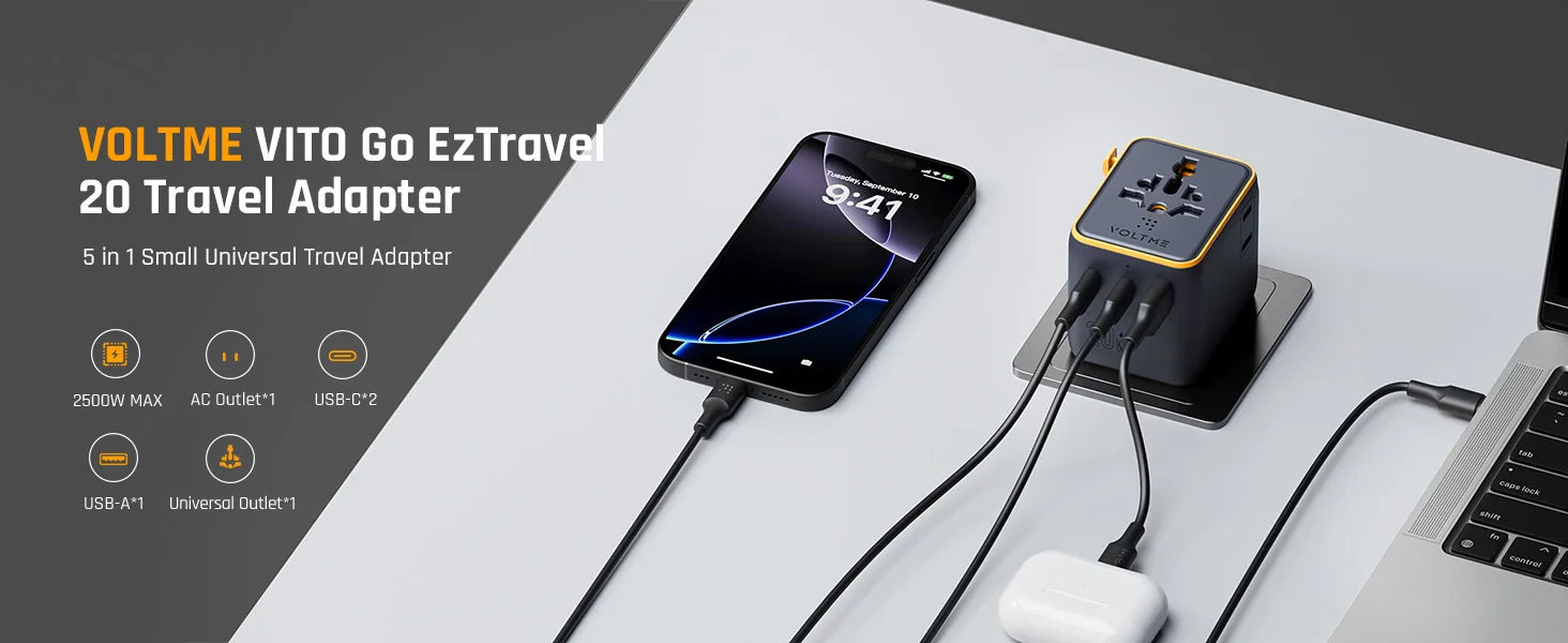 4-VOLTME 20W Travel Adapter Worldwide Power Adapter EU/UK/US/AUS Plug Travel Charging with Built in USB C for iPhone Samsung